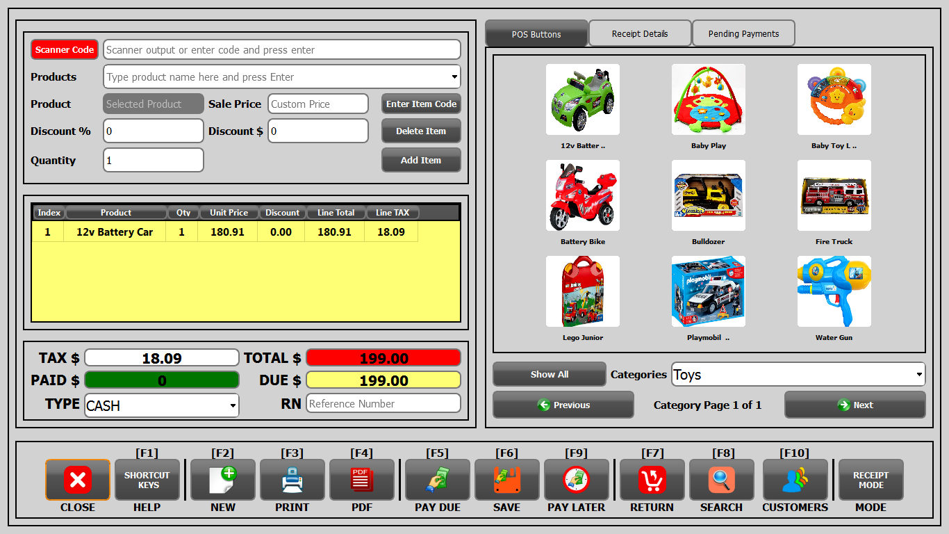 POS screen for toy store
